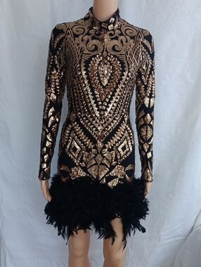 New Fashion Nova Black and Gold Sequin Feather Hem Mini Dress Size S